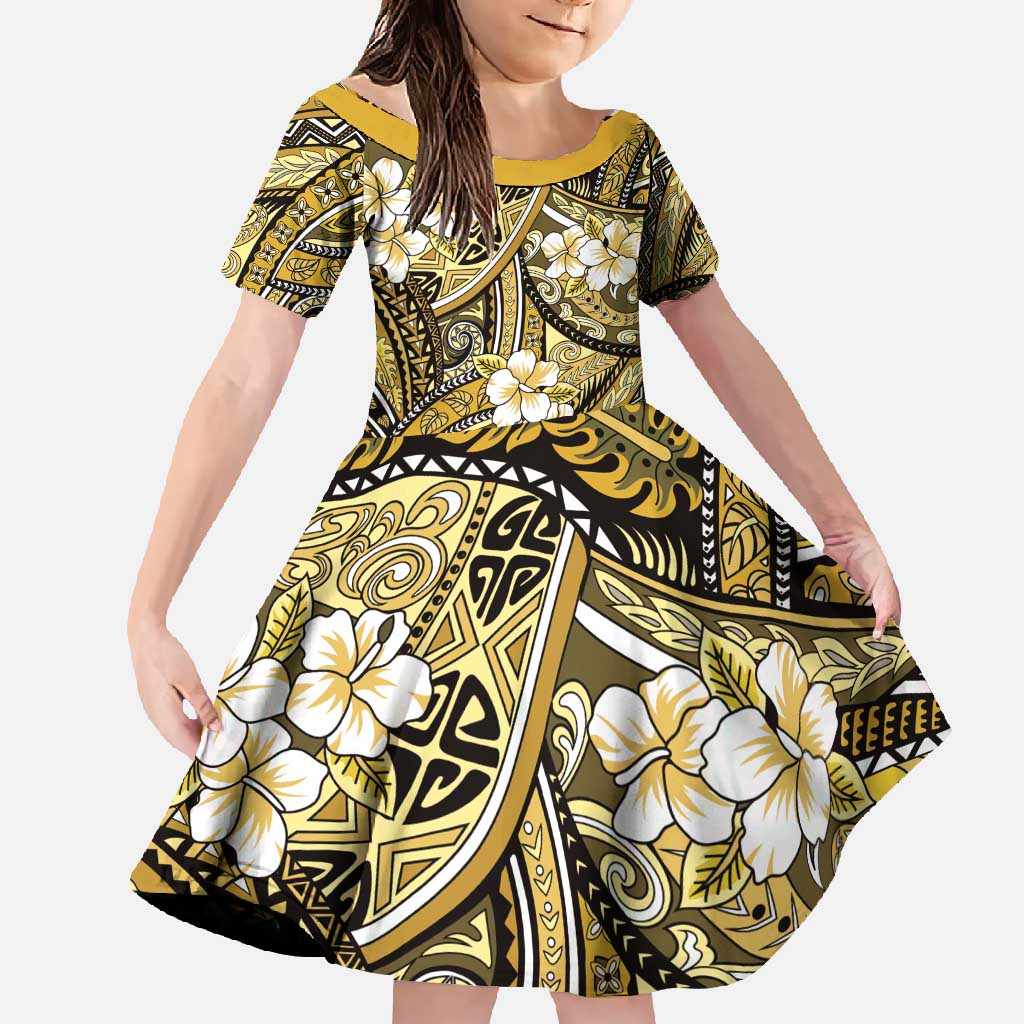 Polynesian Hibiscus Tropical Yellow Floral Family Matching Long Sleeve Bodycon Dress and Hawaiian Shirt Tribal Pattern - Polynesian Pride