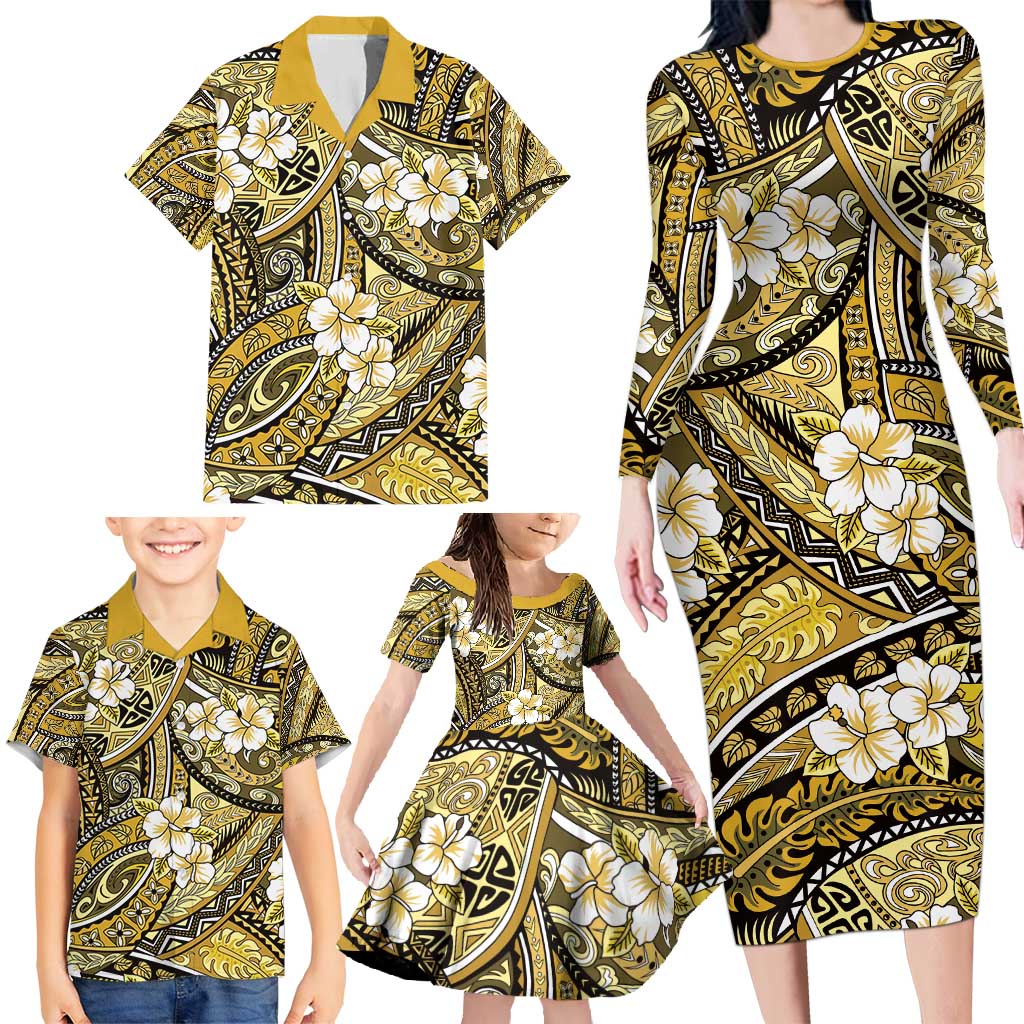 Polynesian Hibiscus Tropical Yellow Floral Family Matching Long Sleeve Bodycon Dress and Hawaiian Shirt Tribal Pattern - Polynesian Pride