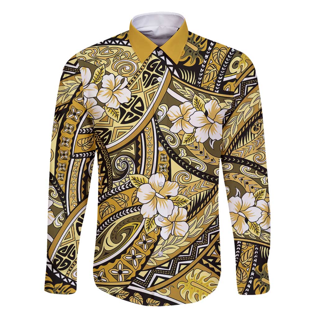 Polynesian Hibiscus Tropical Yellow Floral Family Matching Long Sleeve Bodycon Dress and Hawaiian Shirt Tribal Pattern - Polynesian Pride