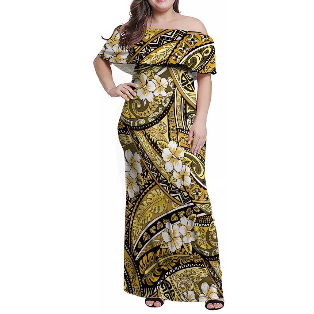 Polynesian Hibiscus Tropical Yellow Floral Family Matching Off Shoulder Maxi Dress and Hawaiian Shirt Tribal Pattern - Polynesian Pride