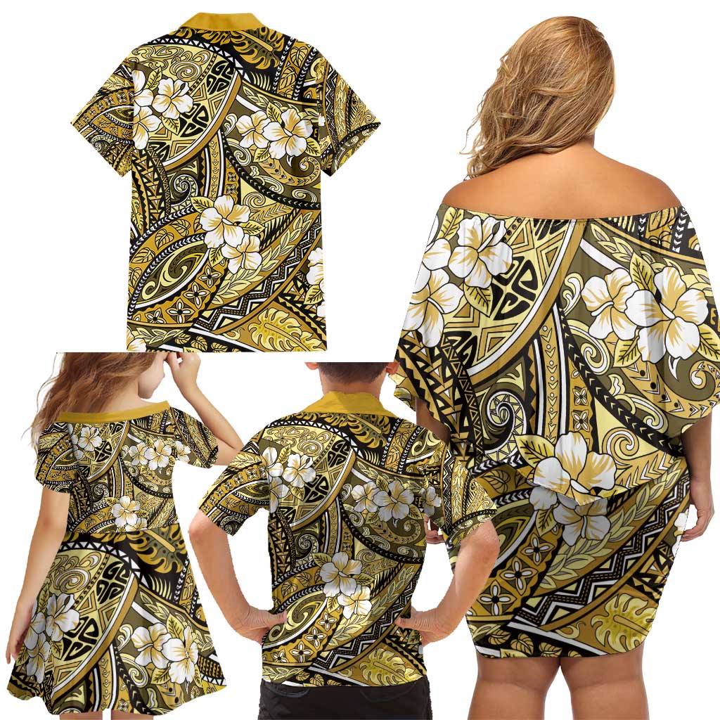 Polynesian Hibiscus Tropical Yellow Floral Family Matching Off Shoulder Short Dress and Hawaiian Shirt Tribal Pattern - Polynesian Pride