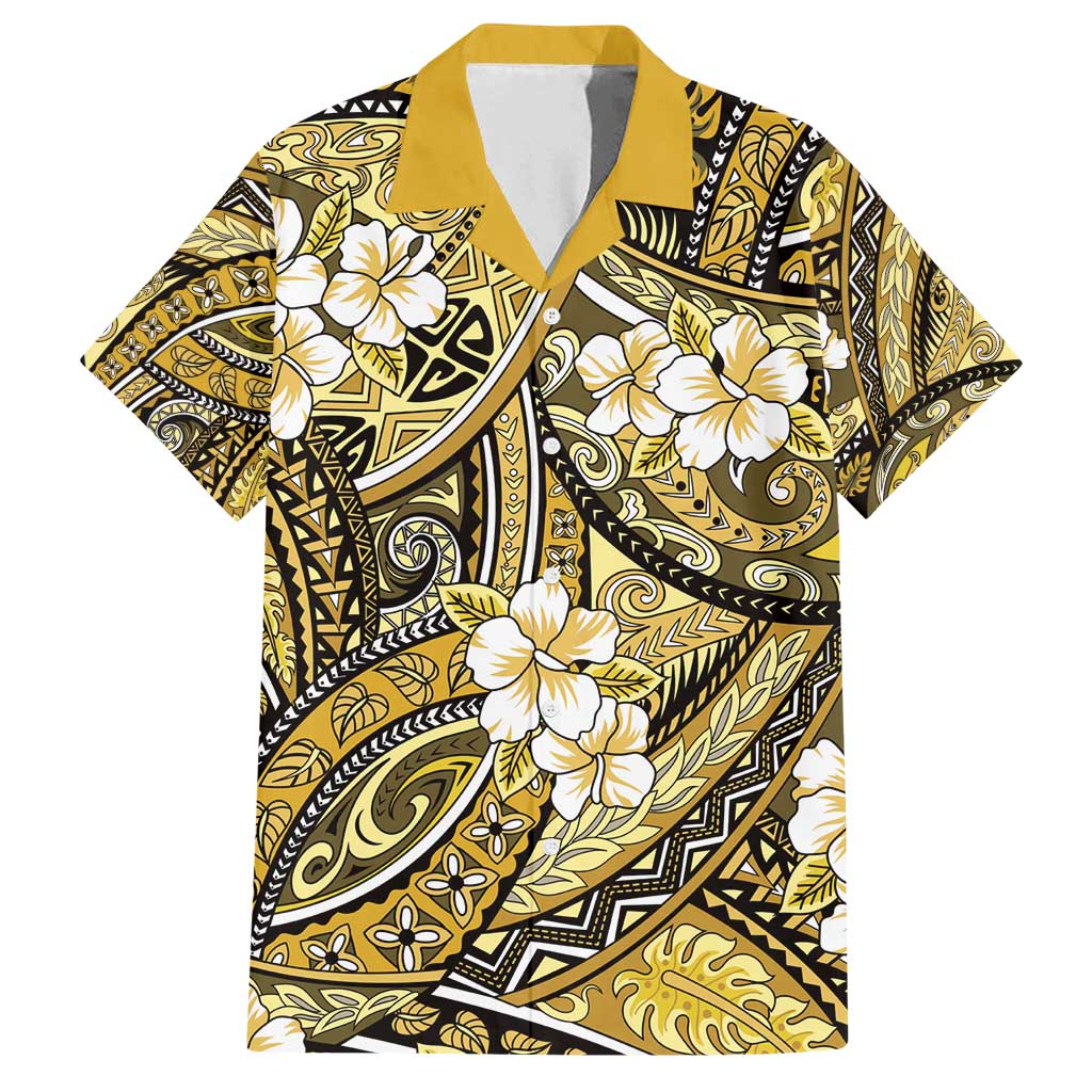 Polynesian Hibiscus Tropical Yellow Floral Family Matching Off Shoulder Short Dress and Hawaiian Shirt Tribal Pattern - Polynesian Pride