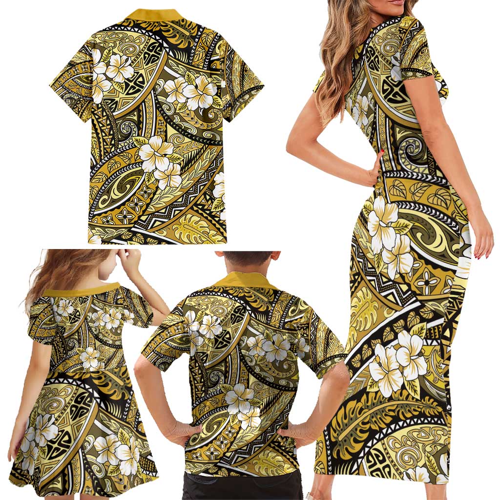 Polynesian Hibiscus Tropical Yellow Floral Family Matching Short Sleeve Bodycon Dress and Hawaiian Shirt Tribal Pattern - Polynesian Pride