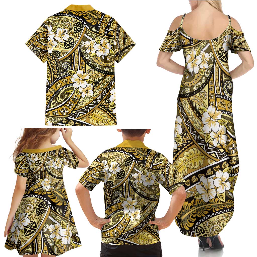 Polynesian Hibiscus Tropical Yellow Floral Family Matching Summer Maxi Dress and Hawaiian Shirt Tribal Pattern - Polynesian Pride