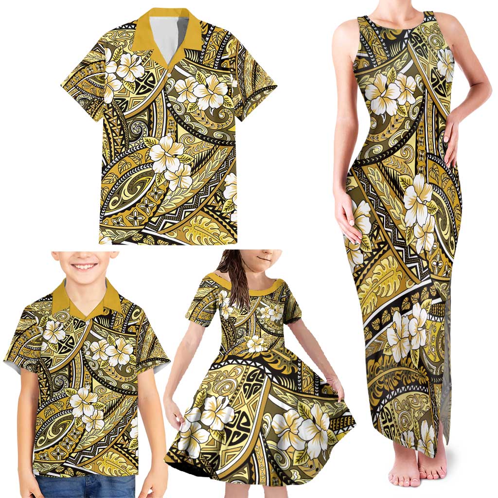 Polynesian Hibiscus Tropical Yellow Floral Family Matching Tank Maxi Dress and Hawaiian Shirt Tribal Pattern - Polynesian Pride