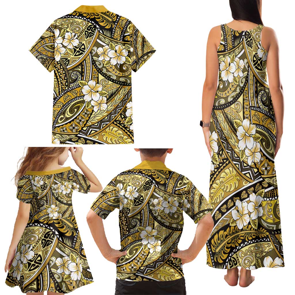 Polynesian Hibiscus Tropical Yellow Floral Family Matching Tank Maxi Dress and Hawaiian Shirt Tribal Pattern - Polynesian Pride