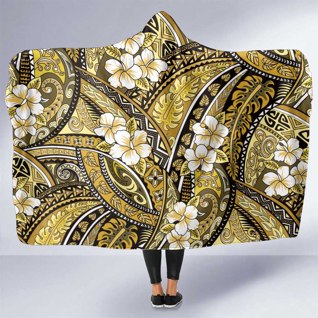 Polynesian Hibiscus Tropical Yellow Floral Hooded Blanket Tribal Pattern - Polynesian Pride