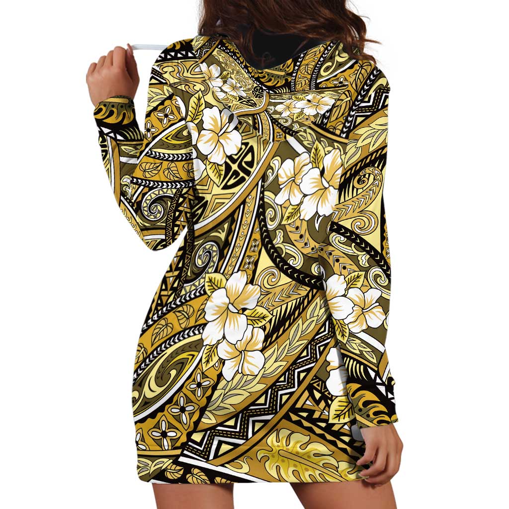 Polynesian Hibiscus Tropical Yellow Floral Hoodie Dress Tribal Pattern - Polynesian Pride