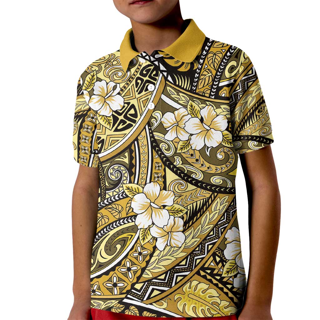 Polynesian Hibiscus Tropical Yellow Floral Kid Polo Shirt Tribal Pattern - Polynesian Pride