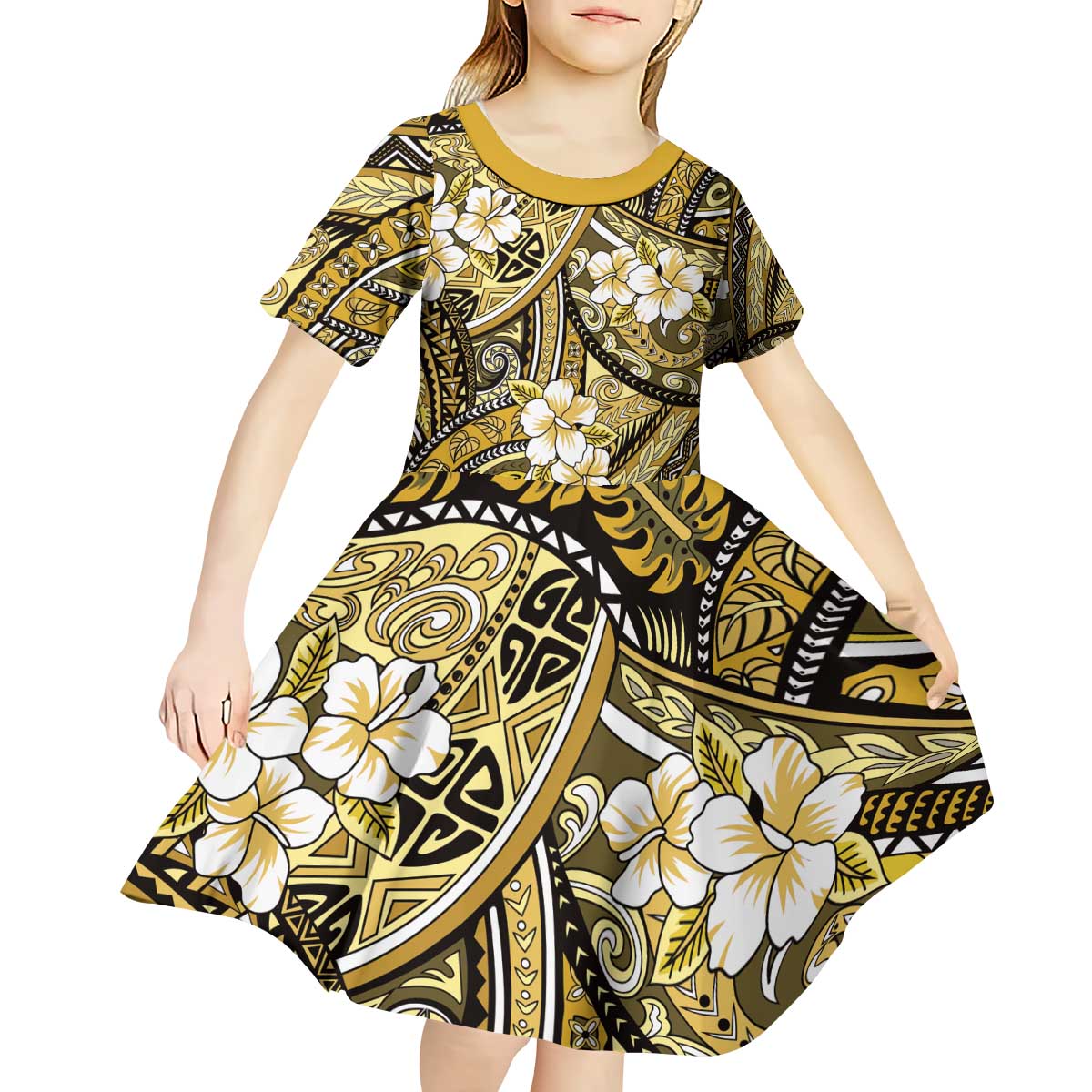 Polynesian Hibiscus Tropical Yellow Floral Kid Short Sleeve Dress Tribal Pattern - Polynesian Pride