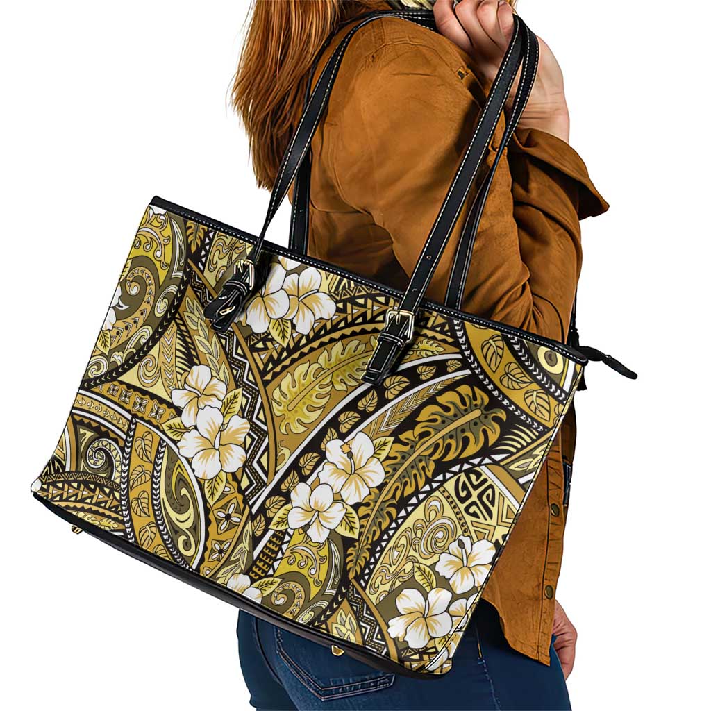 Polynesian Hibiscus Tropical Yellow Floral Leather Tote Bag Tribal Pattern - Polynesian Pride