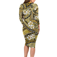 Polynesian Hibiscus Tropical Yellow Floral Long Sleeve Bodycon Dress Tribal Pattern - Polynesian Pride