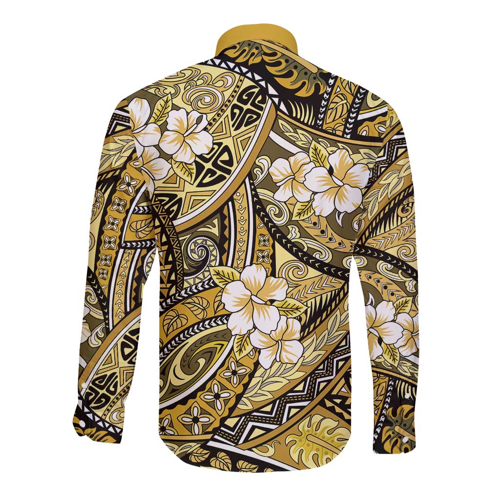 Polynesian Hibiscus Tropical Yellow Floral Long Sleeve Button Shirt Tribal Pattern - Polynesian Pride