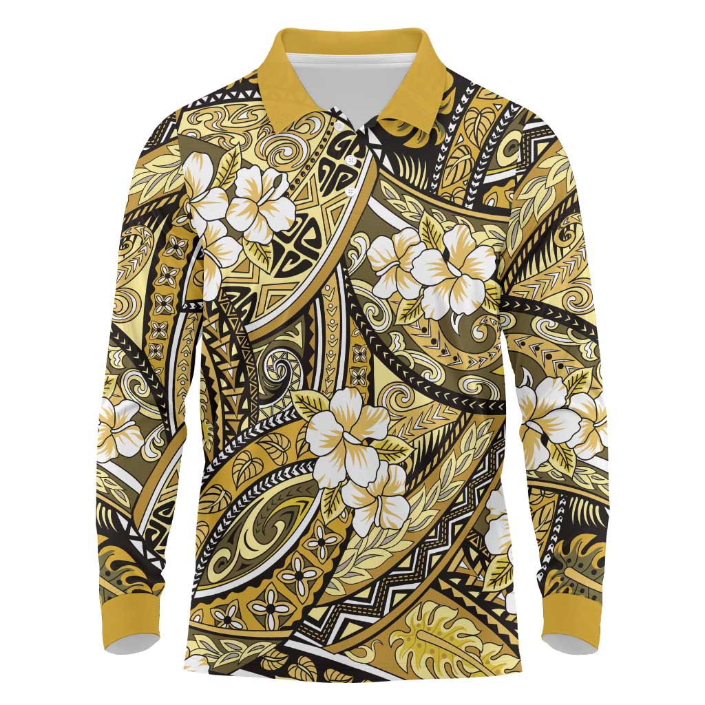 Polynesian Hibiscus Tropical Yellow Floral Long Sleeve Polo Shirt Tribal Pattern - Polynesian Pride
