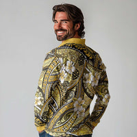 Polynesian Hibiscus Tropical Yellow Floral Long Sleeve Polo Shirt Tribal Pattern - Polynesian Pride