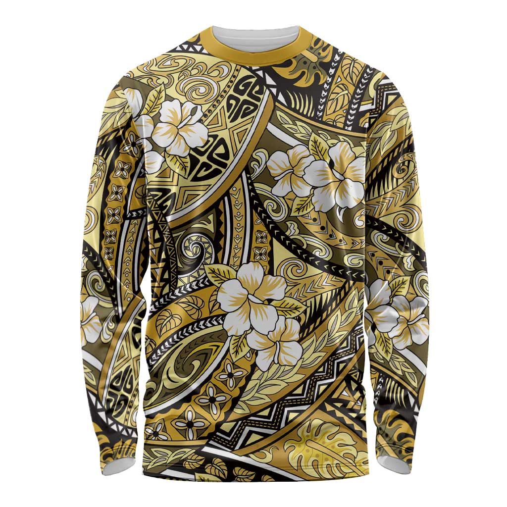 Polynesian Hibiscus Tropical Yellow Floral Long Sleeve Shirt Tribal Pattern - Polynesian Pride