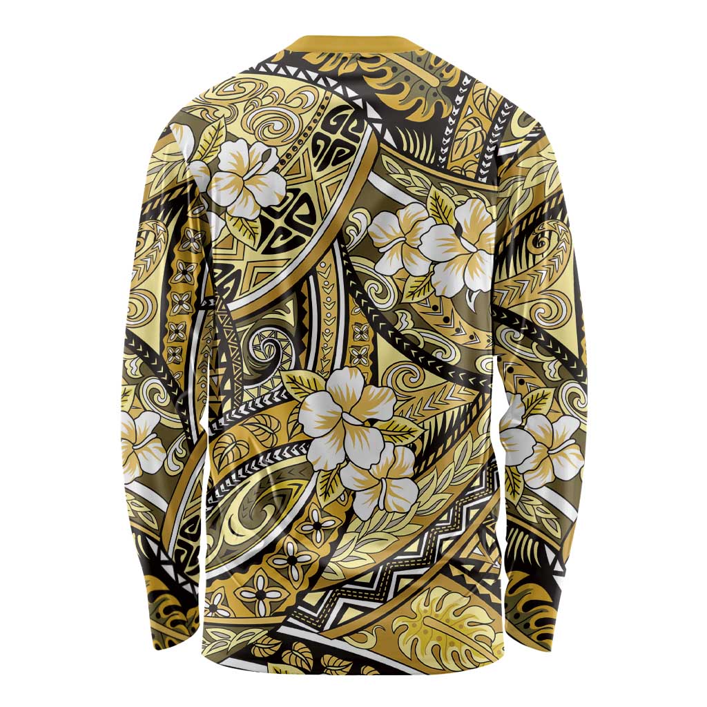 Polynesian Hibiscus Tropical Yellow Floral Long Sleeve Shirt Tribal Pattern - Polynesian Pride
