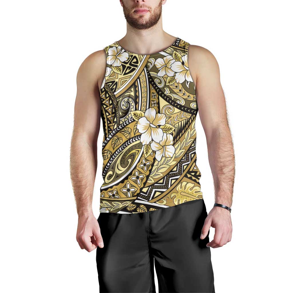 Polynesian Hibiscus Tropical Yellow Floral Men Tank Top Tribal Pattern - Polynesian Pride