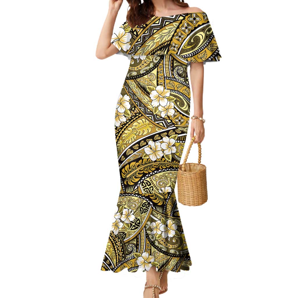 Polynesian Hibiscus Tropical Yellow Floral Mermaid Dress Tribal Pattern - Polynesian Pride