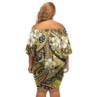 Polynesian Hibiscus Tropical Yellow Floral Off Shoulder Short Dress Tribal Pattern - Polynesian Pride