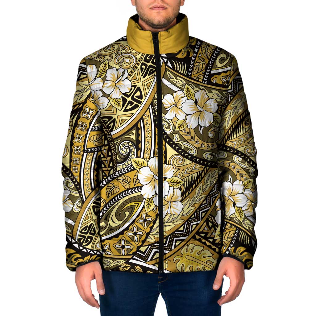 Polynesian Hibiscus Tropical Yellow Floral Padded Jacket Tribal Pattern - Polynesian Pride
