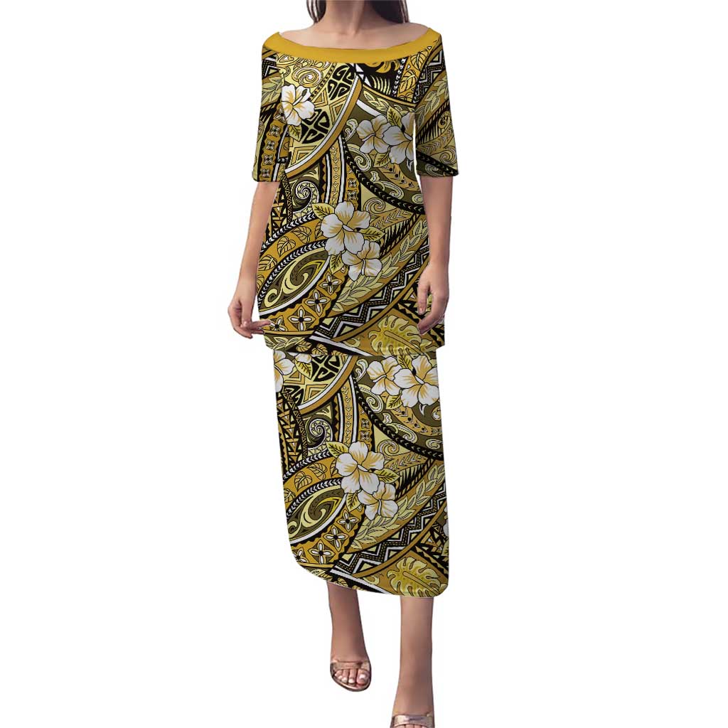 Polynesian Hibiscus Tropical Yellow Floral Puletasi Tribal Pattern - Polynesian Pride