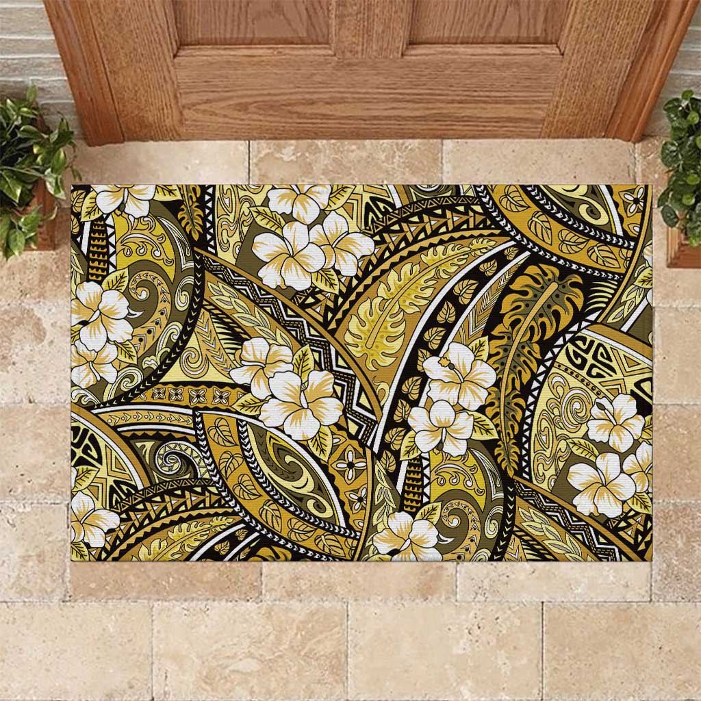 Polynesian Hibiscus Tropical Yellow Floral Rubber Doormat Tribal Pattern - Polynesian Pride