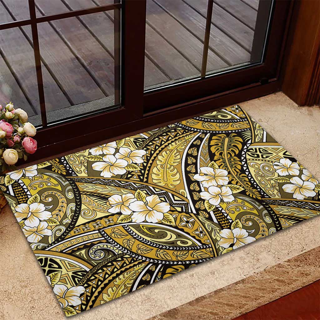 Polynesian Hibiscus Tropical Yellow Floral Rubber Doormat Tribal Pattern - Polynesian Pride