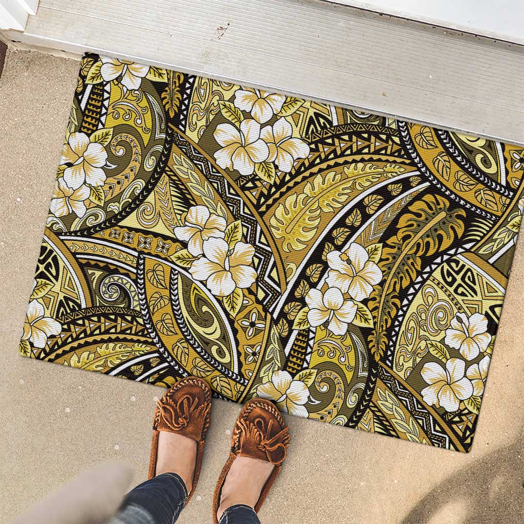 Polynesian Hibiscus Tropical Yellow Floral Rubber Doormat Tribal Pattern - Polynesian Pride
