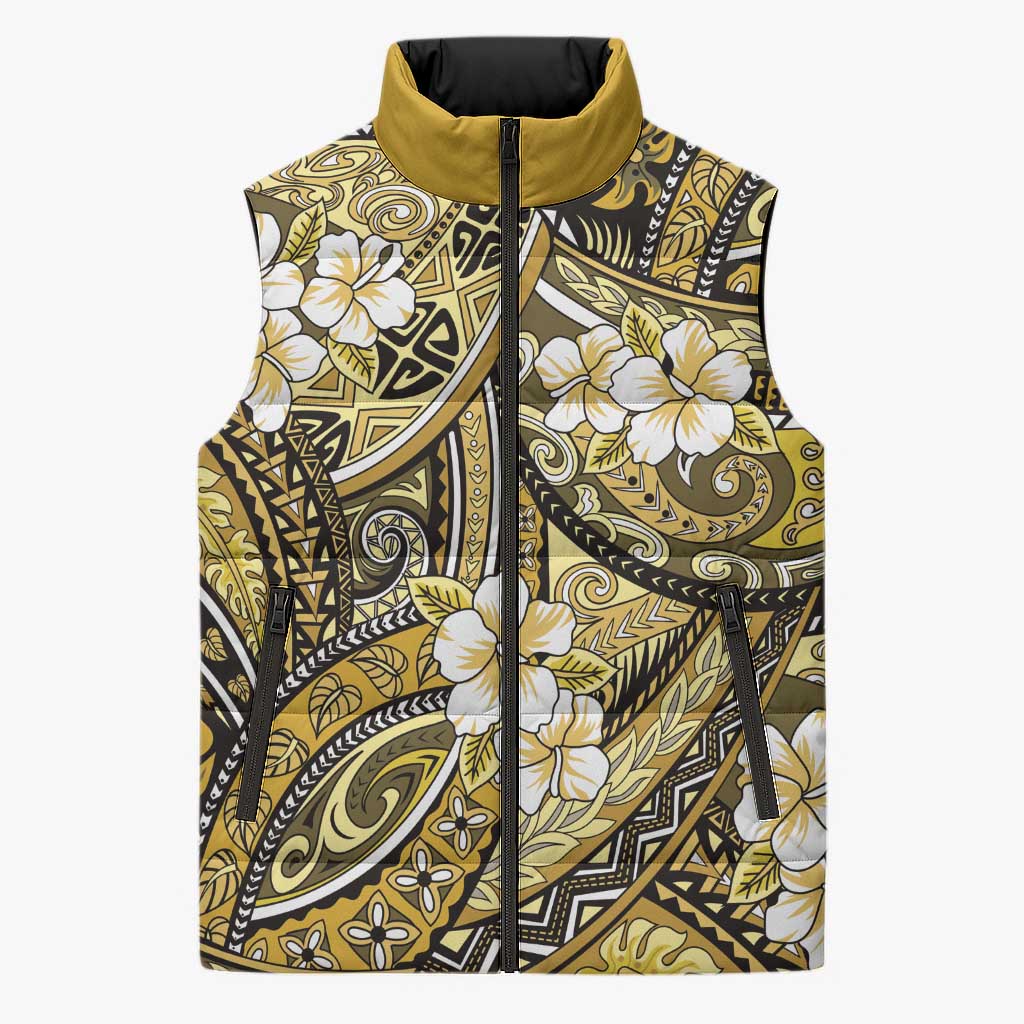 Polynesian Hibiscus Tropical Yellow Floral Sleeveless Puffer Jacket Tribal Pattern - Polynesian Pride