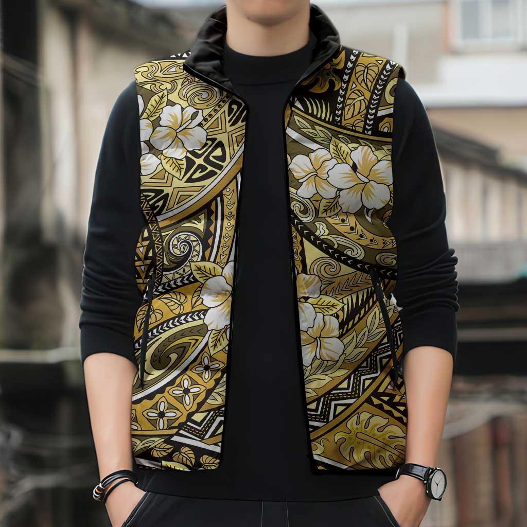 Polynesian Hibiscus Tropical Yellow Floral Sleeveless Puffer Jacket Tribal Pattern - Polynesian Pride