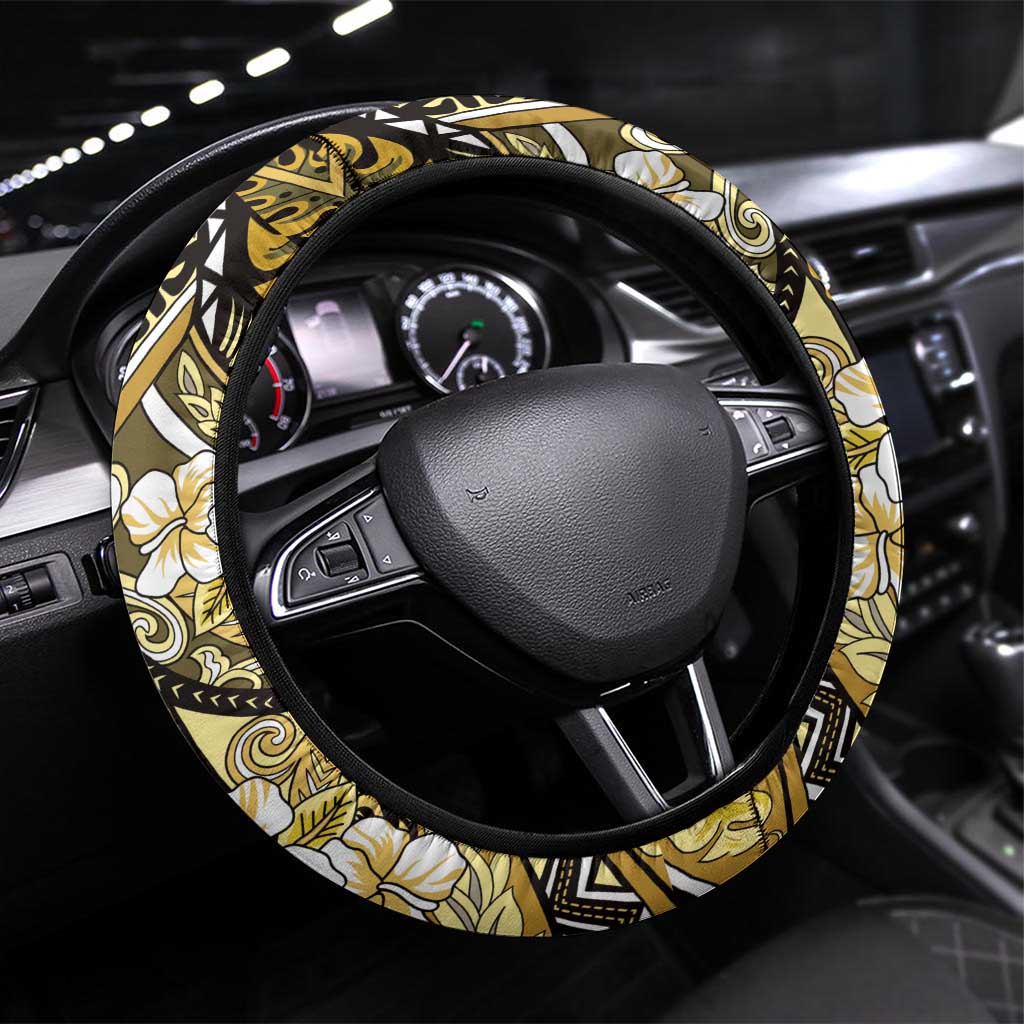 Polynesian Hibiscus Tropical Yellow Floral Steering Wheel Cover Tribal Pattern - Polynesian Pride