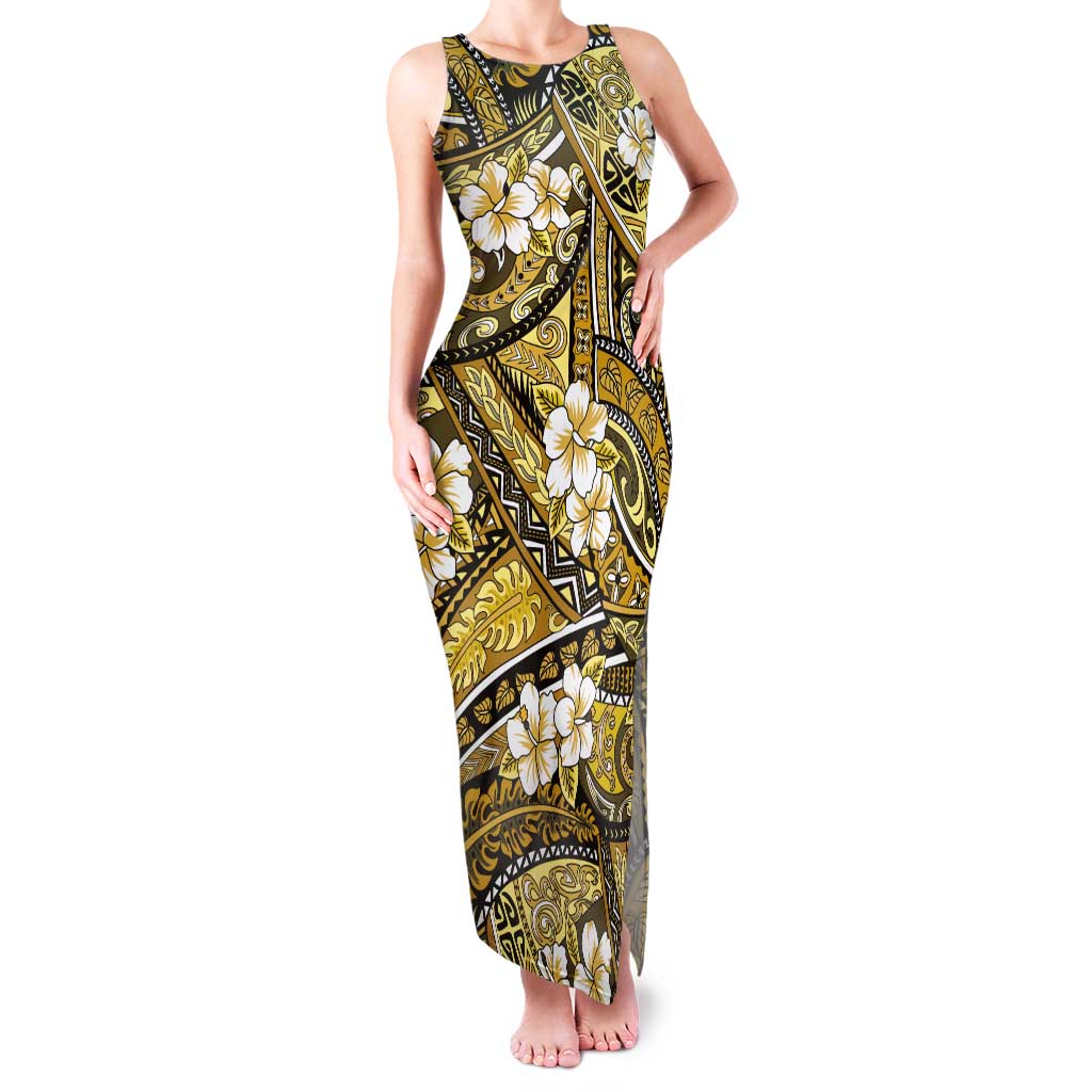 Polynesian Hibiscus Tropical Yellow Floral Tank Maxi Dress Tribal Pattern - Polynesian Pride
