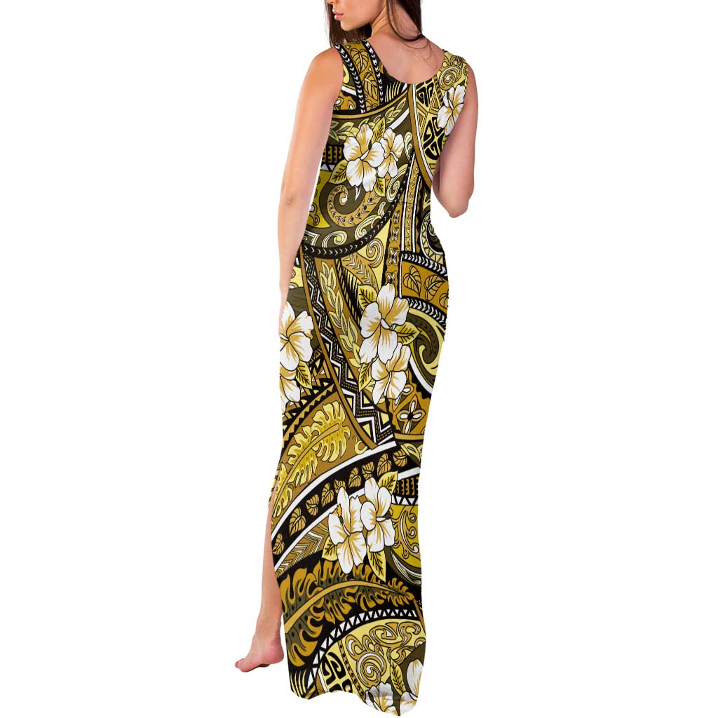 Polynesian Hibiscus Tropical Yellow Floral Tank Maxi Dress Tribal Pattern - Polynesian Pride