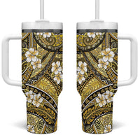 Polynesian Hibiscus Tropical Yellow Floral Tumbler With Handle Tribal Pattern - Polynesian Pride