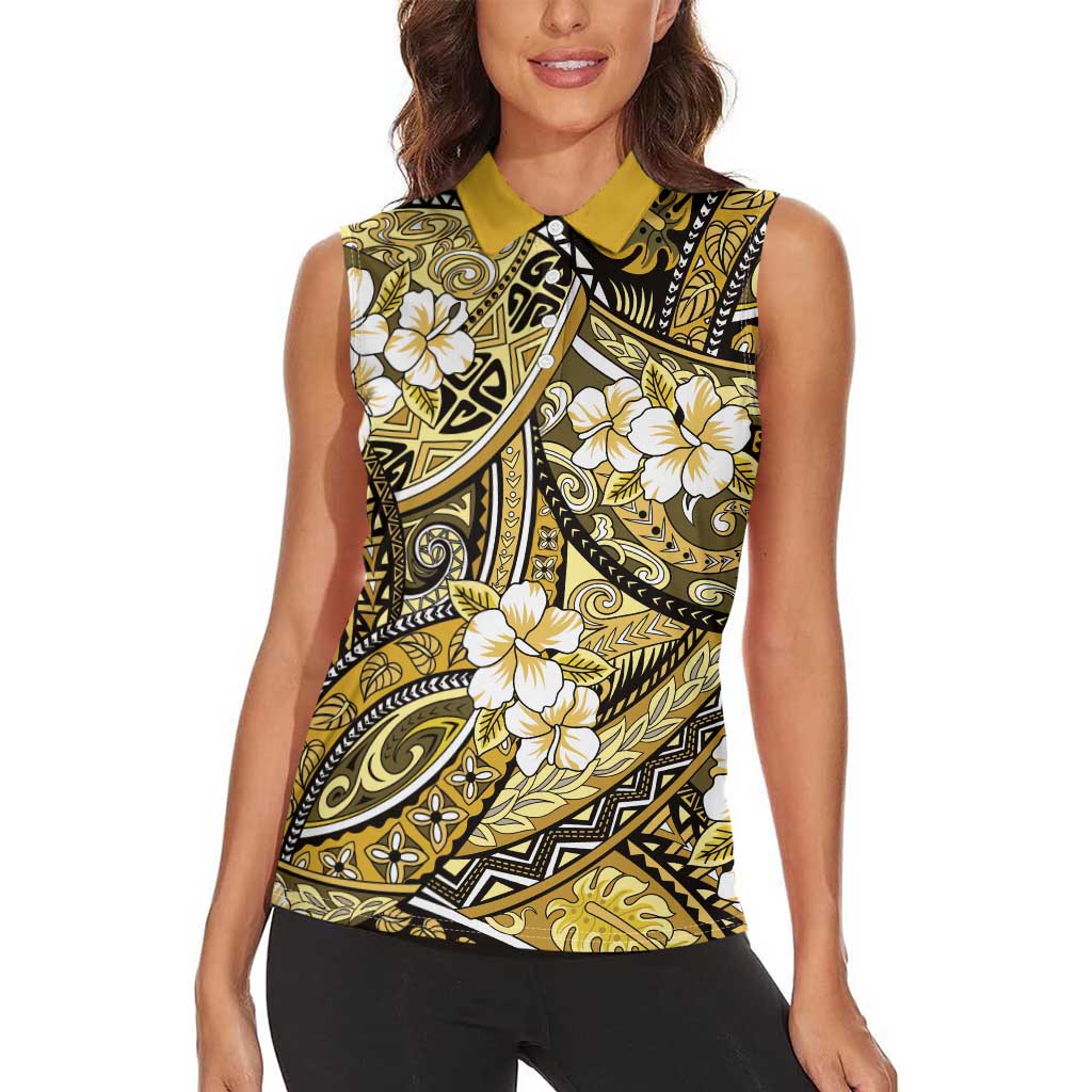 Polynesian Hibiscus Tropical Yellow Floral Women Sleeveless Polo Shirt Tribal Pattern - Polynesian Pride