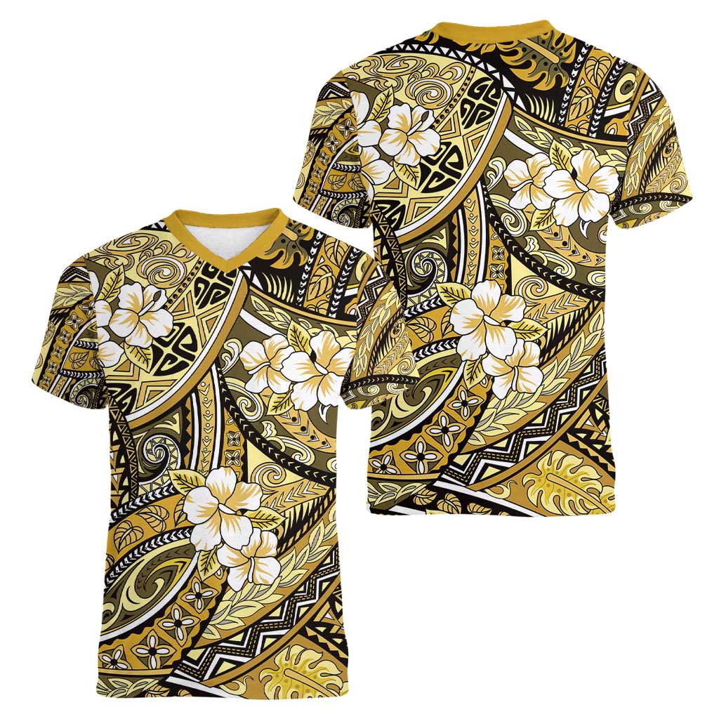 Polynesian Hibiscus Tropical Yellow Floral Women V-Neck T-Shirt Tribal Pattern - Polynesian Pride