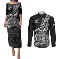 New Zealand Silver Fern Rugby Couples Matching Puletasi Dress and Long Sleeve Button Shirts Aotearoa Kiwi Maori Black Version LT01 Black - Polynesian Pride