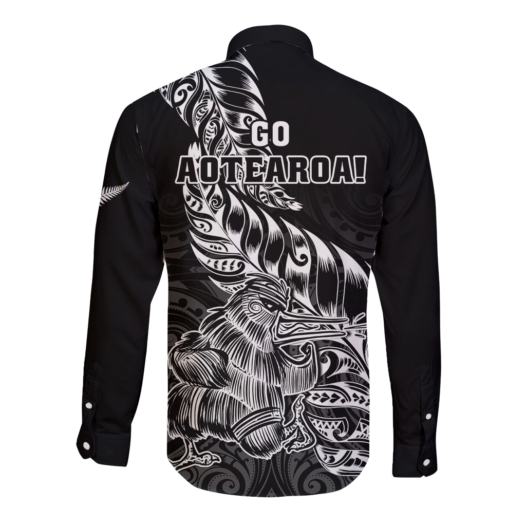 New Zealand Silver Fern Rugby Long Sleeve Button Shirt Aotearoa Kiwi Maori Black Version LT01 - Polynesian Pride
