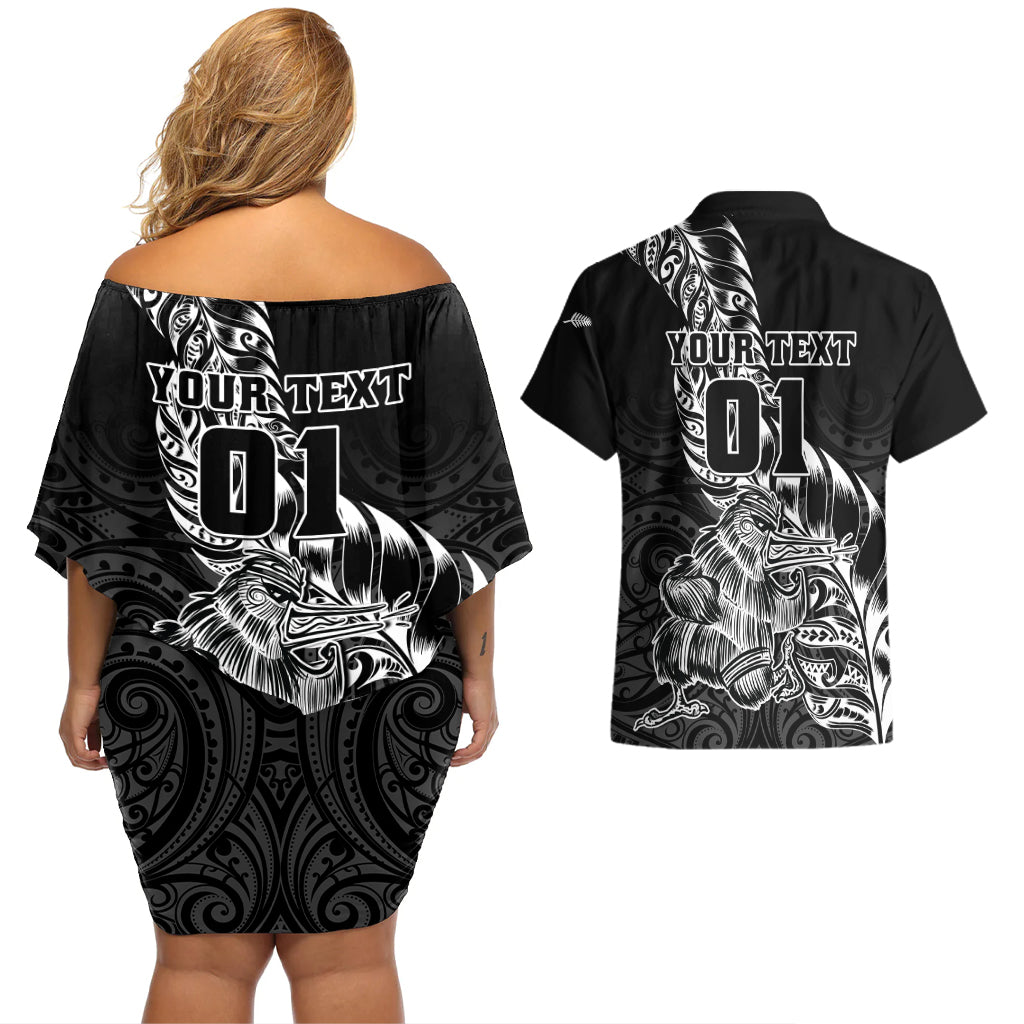 Custom New Zealand Silver Fern Rugby Couples Matching Off Shoulder Short Dress and Hawaiian Shirt Aotearoa Kiwi Maori Black Version LT01 - Polynesian Pride