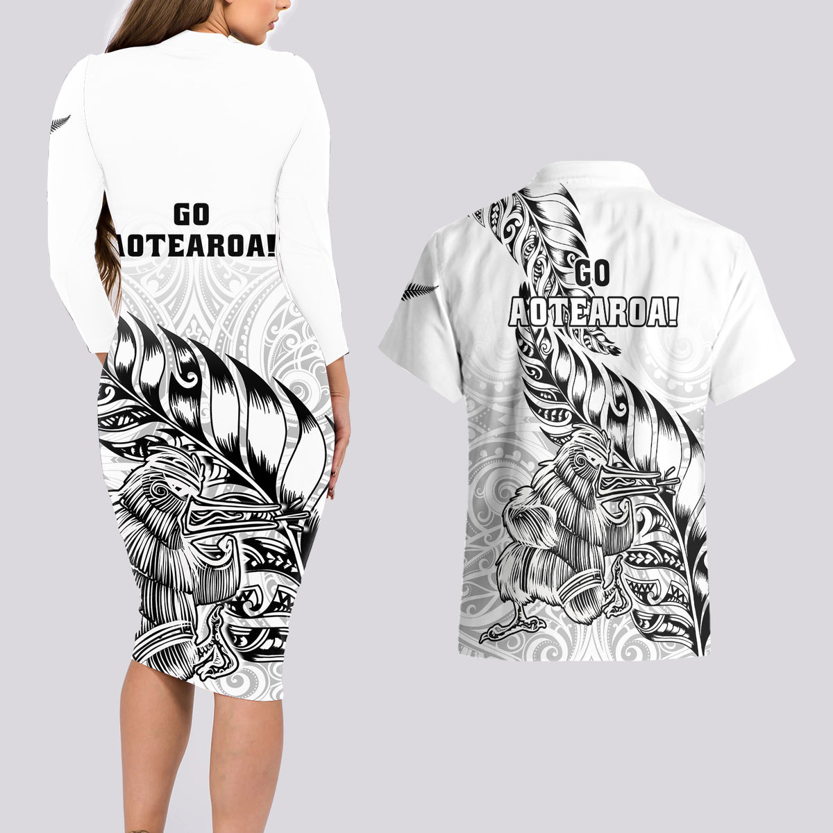 New Zealand Silver Fern Rugby Couples Matching Long Sleeve Bodycon Dress and Hawaiian Shirt Aotearoa Kiwi Maori White Version LT01 - Polynesian Pride