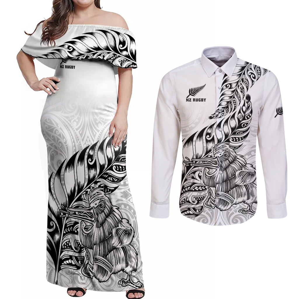 New Zealand Silver Fern Rugby Couples Matching Off Shoulder Maxi Dress and Long Sleeve Button Shirts Aotearoa Kiwi Maori White Version LT01 White - Polynesian Pride