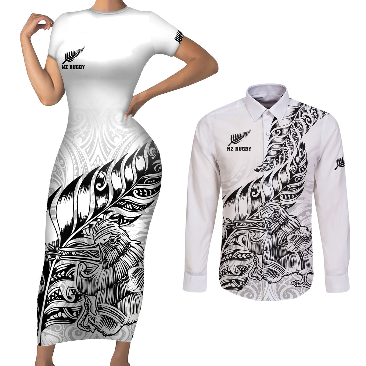 New Zealand Silver Fern Rugby Couples Matching Short Sleeve Bodycon Dress and Long Sleeve Button Shirts Aotearoa Kiwi Maori White Version LT01 White - Polynesian Pride