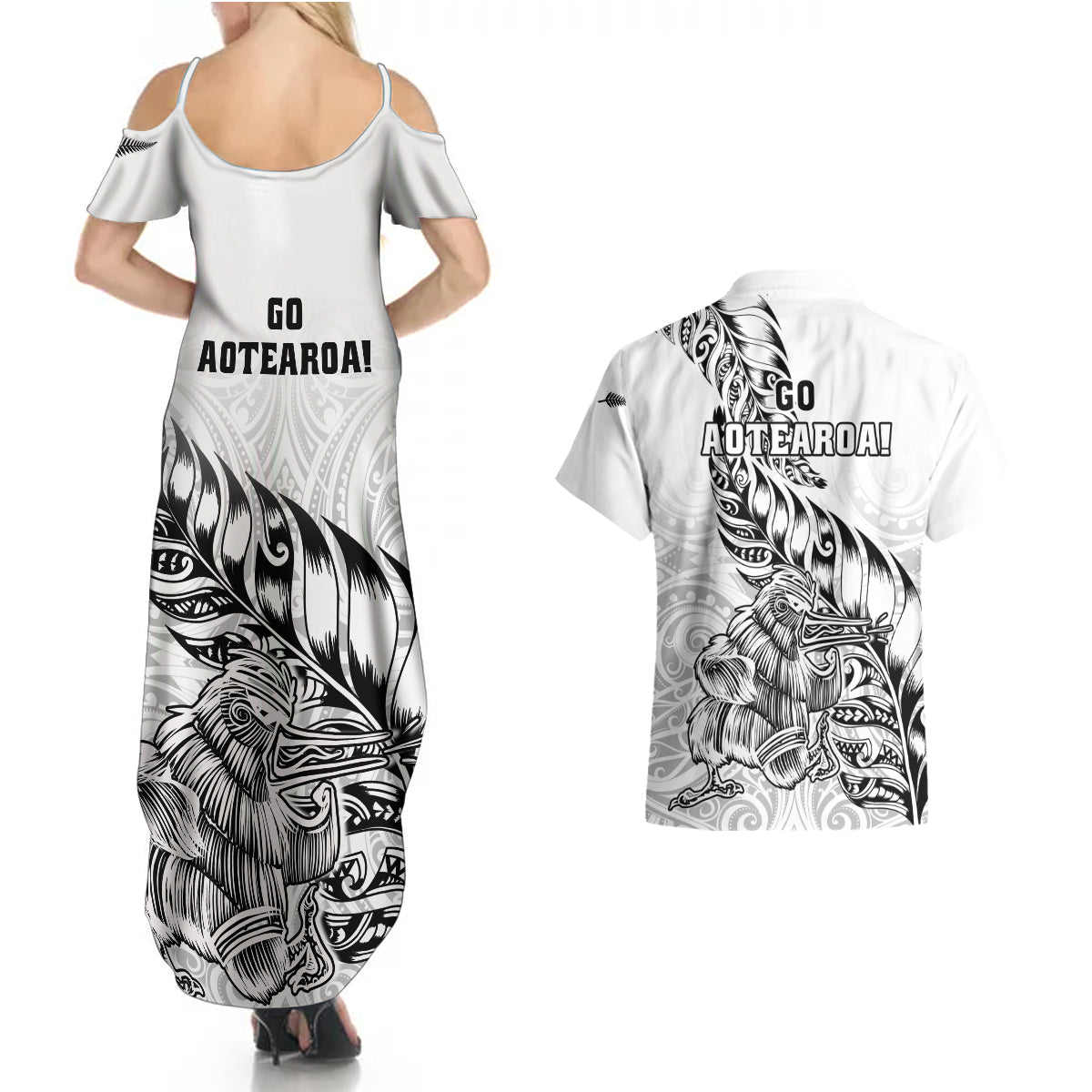 New Zealand Silver Fern Rugby Couples Matching Summer Maxi Dress and Hawaiian Shirt Aotearoa Kiwi Maori White Version LT01 - Polynesian Pride
