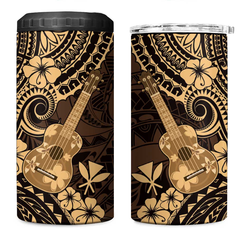 Hawaii Ukulele 4 in 1 Can Cooler Tumbler Polynesian Pattern Gold Version