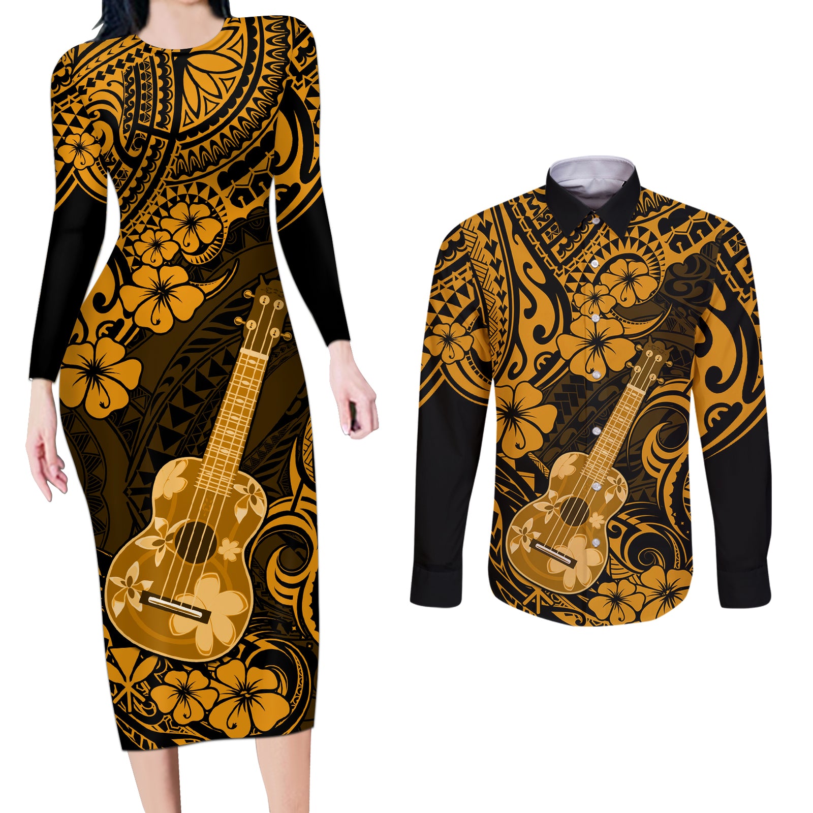 Hawaii Ukulele Couples Matching Long Sleeve Bodycon Dress and Long Sleeve Button Shirts Polynesian Pattern Gold Version LT01 Gold - Polynesian Pride