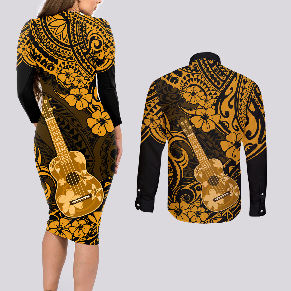 Hawaii Ukulele Couples Matching Long Sleeve Bodycon Dress and Long Sleeve Button Shirts Polynesian Pattern Gold Version LT01 - Polynesian Pride