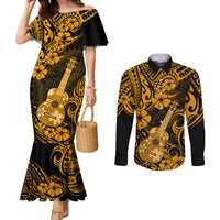 Hawaii Ukulele Couples Matching Mermaid Dress and Long Sleeve Button Shirts Polynesian Pattern Gold Version LT01 Gold - Polynesian Pride