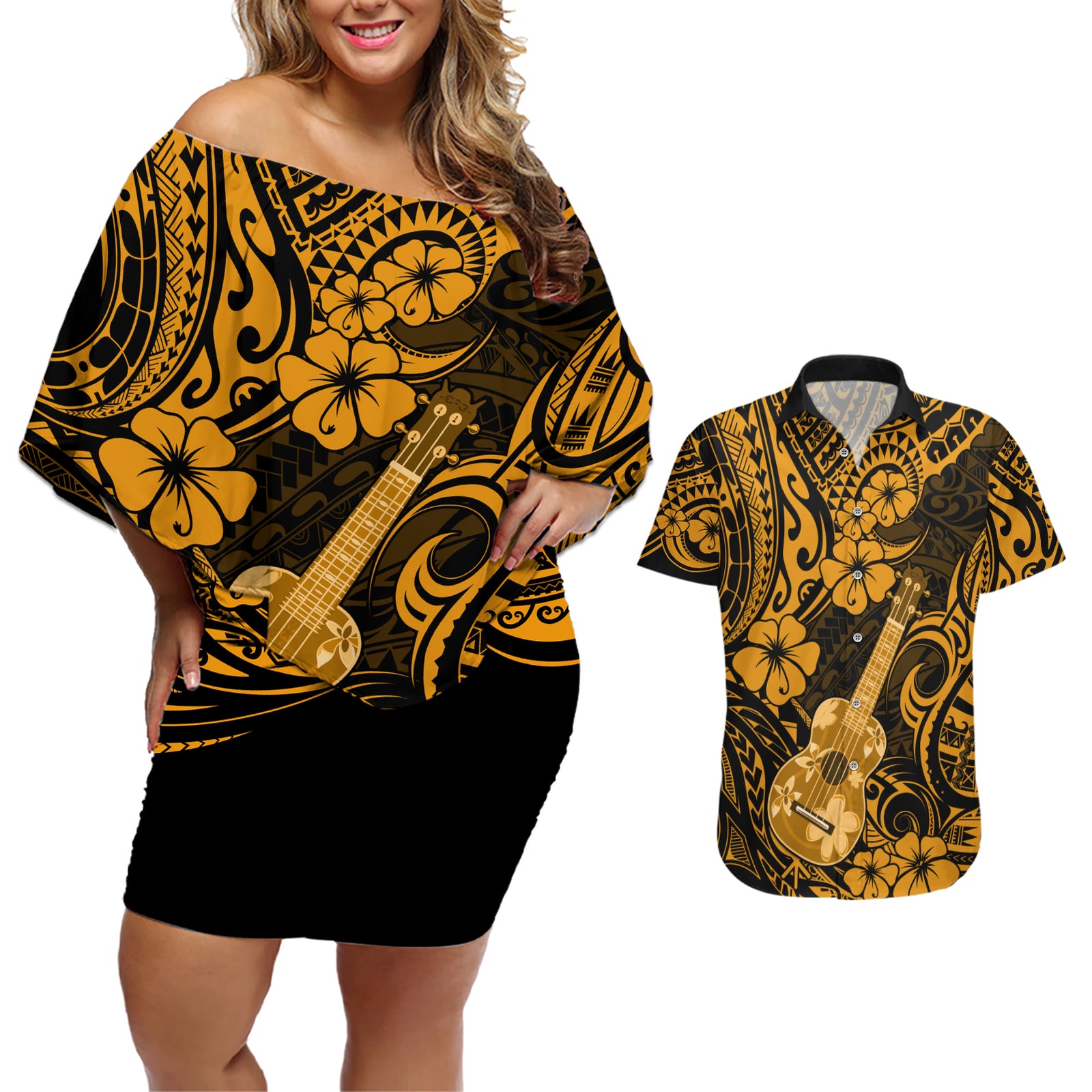 Hawaii Ukulele Couples Matching Off Shoulder Short Dress and Hawaiian Shirt Polynesian Pattern Gold Version LT01 Gold - Polynesian Pride