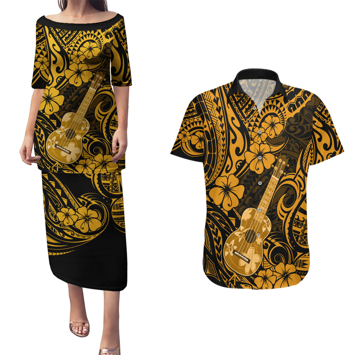 Hawaii Ukulele Couples Matching Puletasi Dress and Hawaiian Shirt Polynesian Pattern Gold Version LT01 Gold - Polynesian Pride